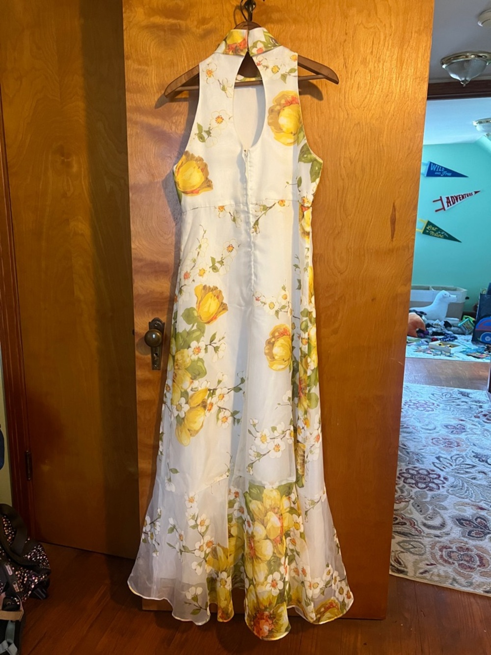 Vintage Yellow Floral Halter Maxi Dress, chest 34 in - Picture 5 of 7
